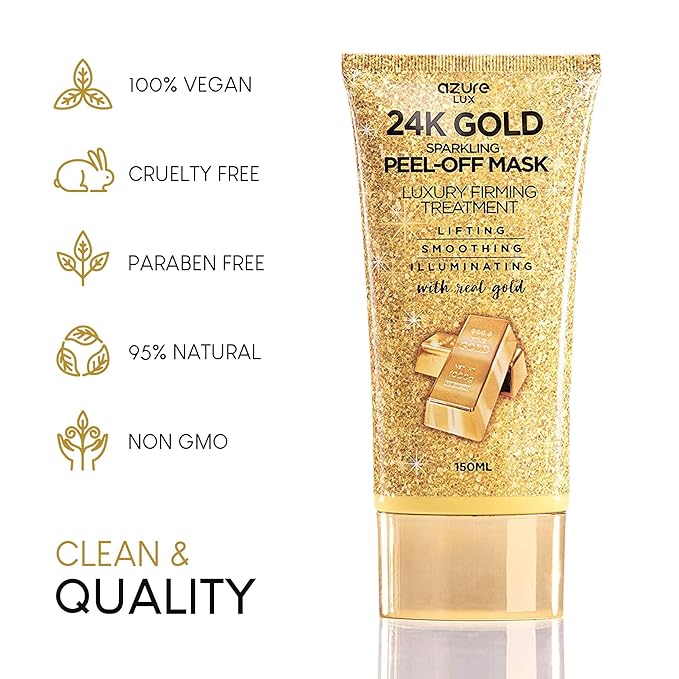 AZURE 24K Gold Firming Peel Off Face Mask- Anti Aging, Lifting, Illuminating & Revitalizing - Removes Blackheads, Dirt & Oils - With Hyaluronic Acid and Collagen - Skin Care - 150mL - 2 Pack