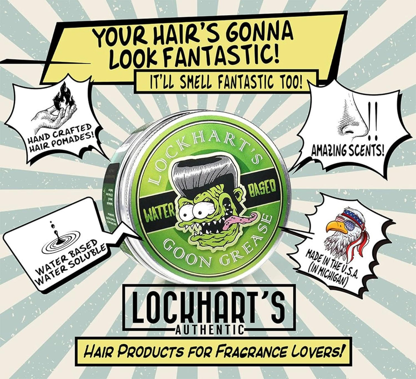 Lockhart’s Authentic Water-Based Goon Grease – Firm Hold, High Shine Hair Pomade | AVENT(E) S SCENT – Voted Best Fragrance 11 Years Running | 3.4oz