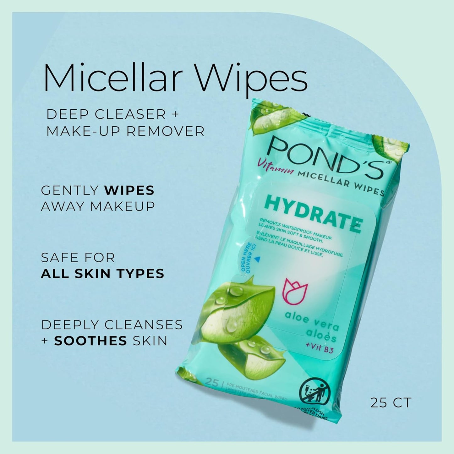 Pond's Vitamin Micellar Wipes For Dry Skin Hydrate Aloe Vera Removes Waterproof Makeup 25 Wipes