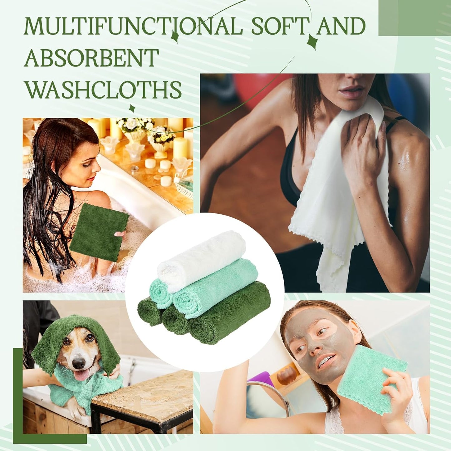 Syhood 12 Pieces Face Wash Cloth 12 x 12 in Makeup Remover Cloths Towel Coral Velvet Facial Microfiber Soft Fast Drying Facial Cleansing Towel for Face (Green Series)