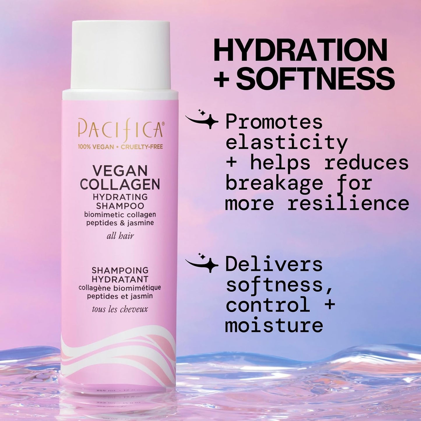 Pacifica Vegan Collagen Hydrating Hair Shampoo -w/Avocado Oil, Vitamin B5 - Adds Shine & Restores -for Dry & Damaged Hair - Sulfate Free Natural Clean Beauty Vegan & Cruelty-Free Dermatologist Tested
