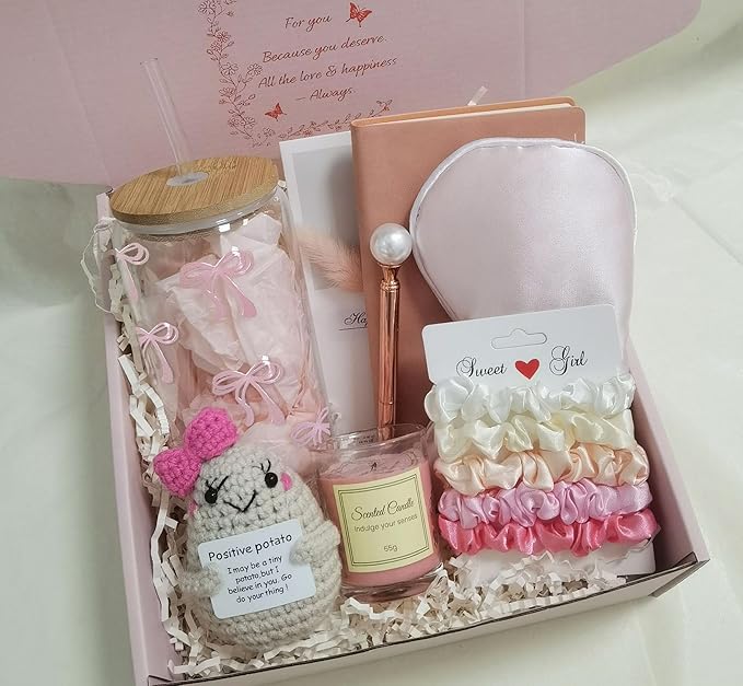 Pink Birthday Gifts for Teen Girls,Inspirational Gifts Basket for Her, Cute Bow Theme Birthday Gifts for Women, Friendship Gifts for Daugther/Sister/Friend （Pink &Bow)