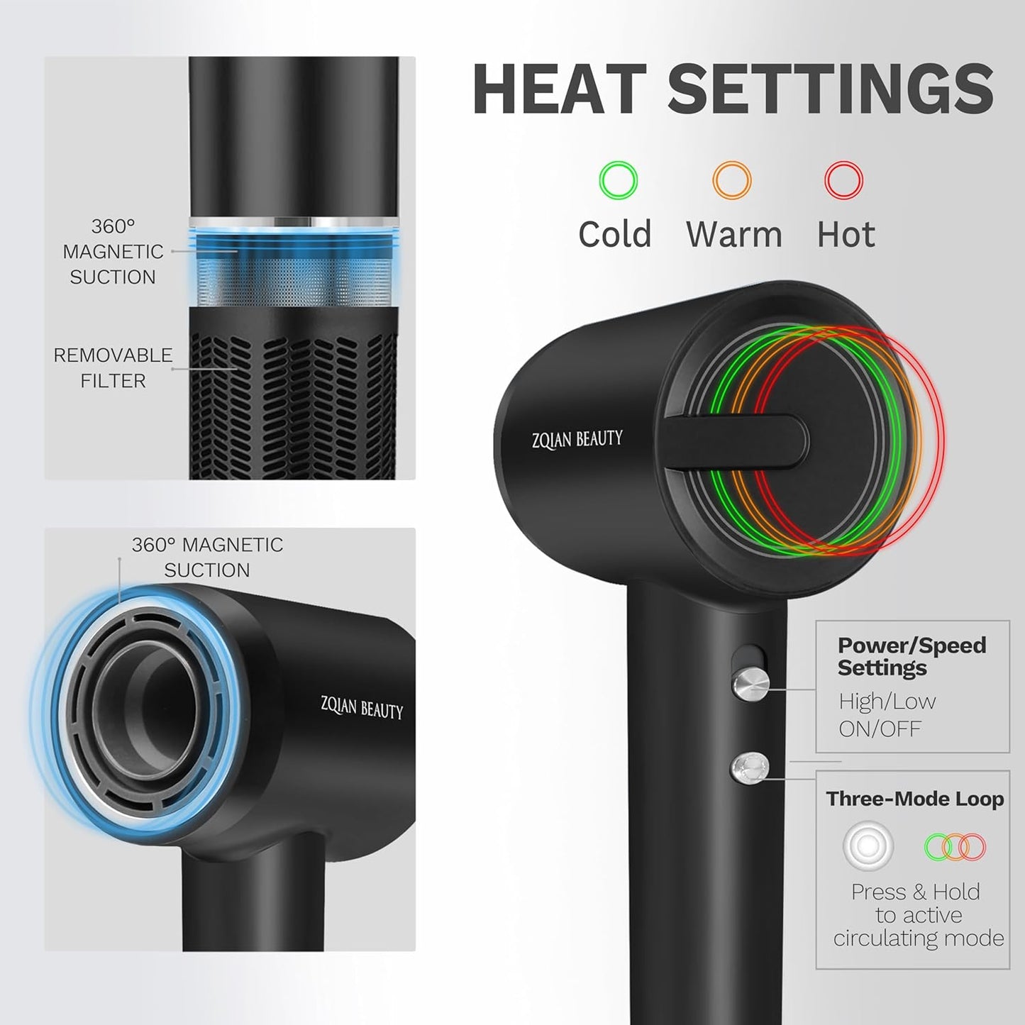 Blow Dryer with 200 Million Negative Ions, Professional High-Speed Hair Dryer for Women and Men Fast Drying Low Noise Travel Hairdryer (Black, with Concentrator Nozzle and Diffuser Nozzle)