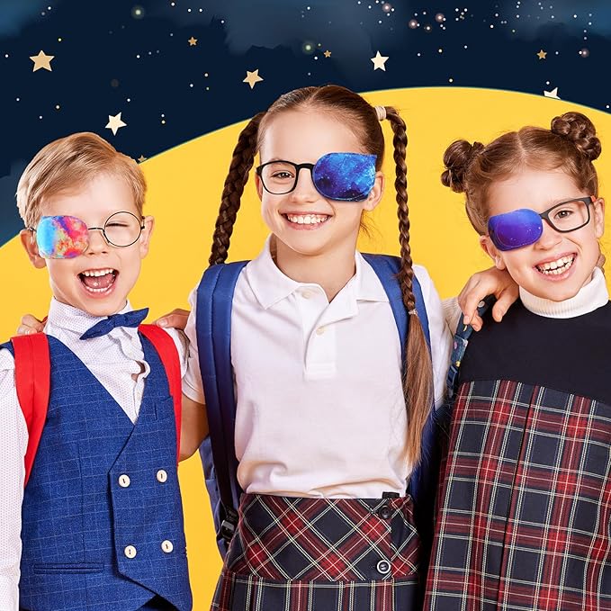 Newcotte 12 Pcs Eye Patch for Kids Toddler Reusable Adjustable Girls Boys Eyepatch for Glasses Left or Right Eye Patch, Assorted Patterns(Starry Sky)
