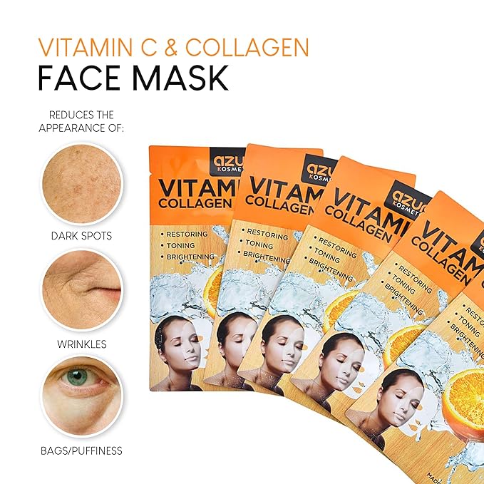 AZURE Vitamin C & Collagen Moisturizing Facial Mask - Anti Aging, Deeply Moisturizing & Firming - Skin Care Made in Korea - 5 Pack