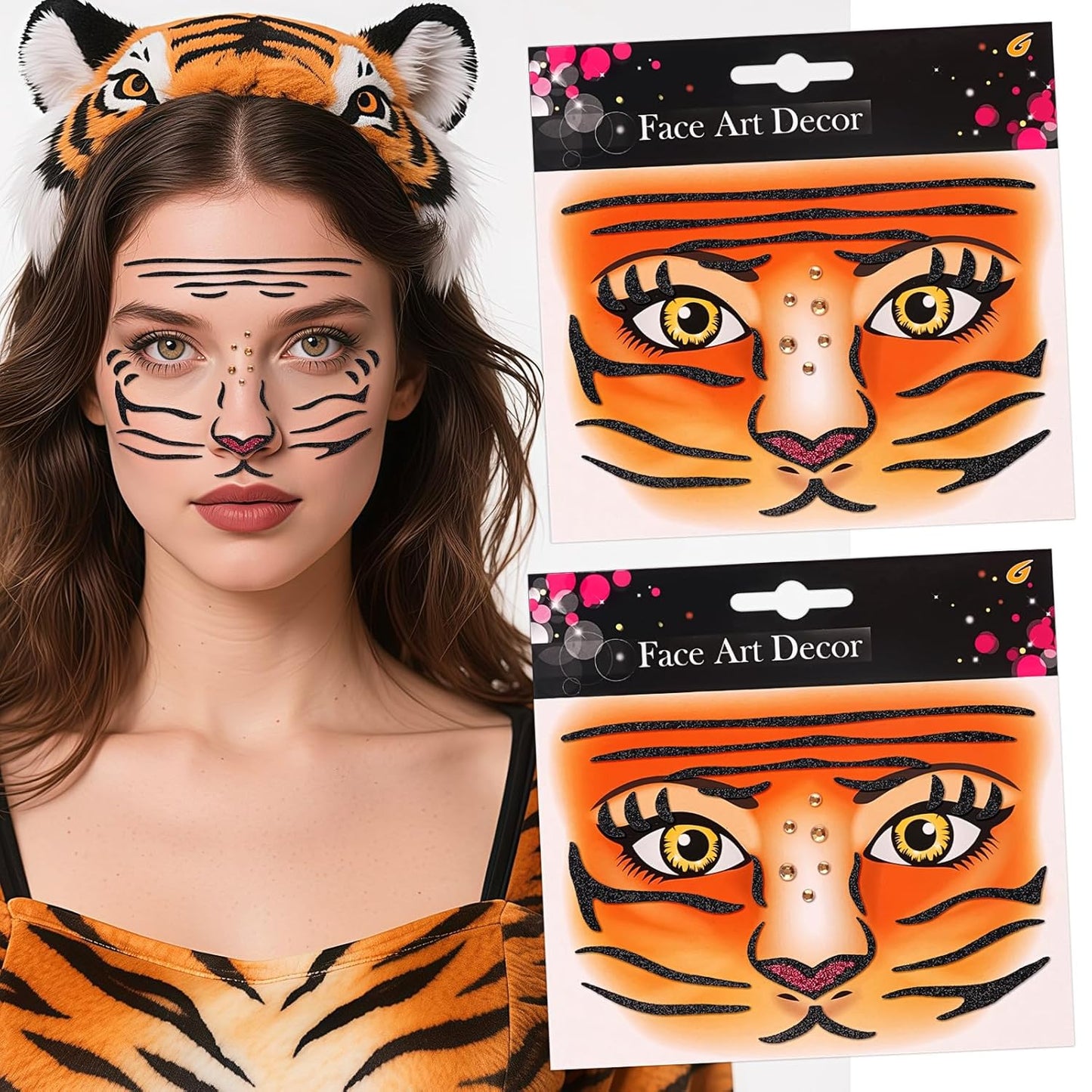 Face Stickers Gems Halloween Temporary Tattoo Sticker Animals Face Sticker Decal Body Face Self-adhesive Sticker Stage Makeup Party Cosplay Decoration 2pcs (tiger)