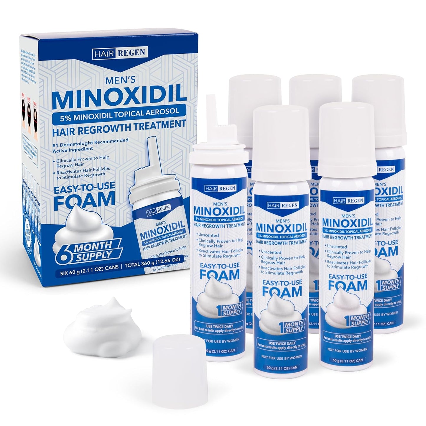 5% Minoxidil Foam for Men 6 Pack - Men's 5 Percent Hair Growth Treatment - Topical Foaming Minoxidil for Men 6 Months Supply - Great for Hair Regrowth and Reduce Hair Loss