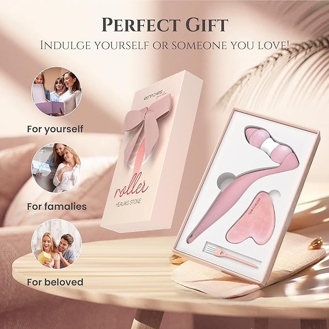 Rena Chris Facial Roller and Gua Sha Set - Jade Gua Sha Facial Tools & Face Roller with Aluminum Alloy Handle and 316 Stainless Steel Shaft for Puffiness Reducing,Skin Care Gift for Women