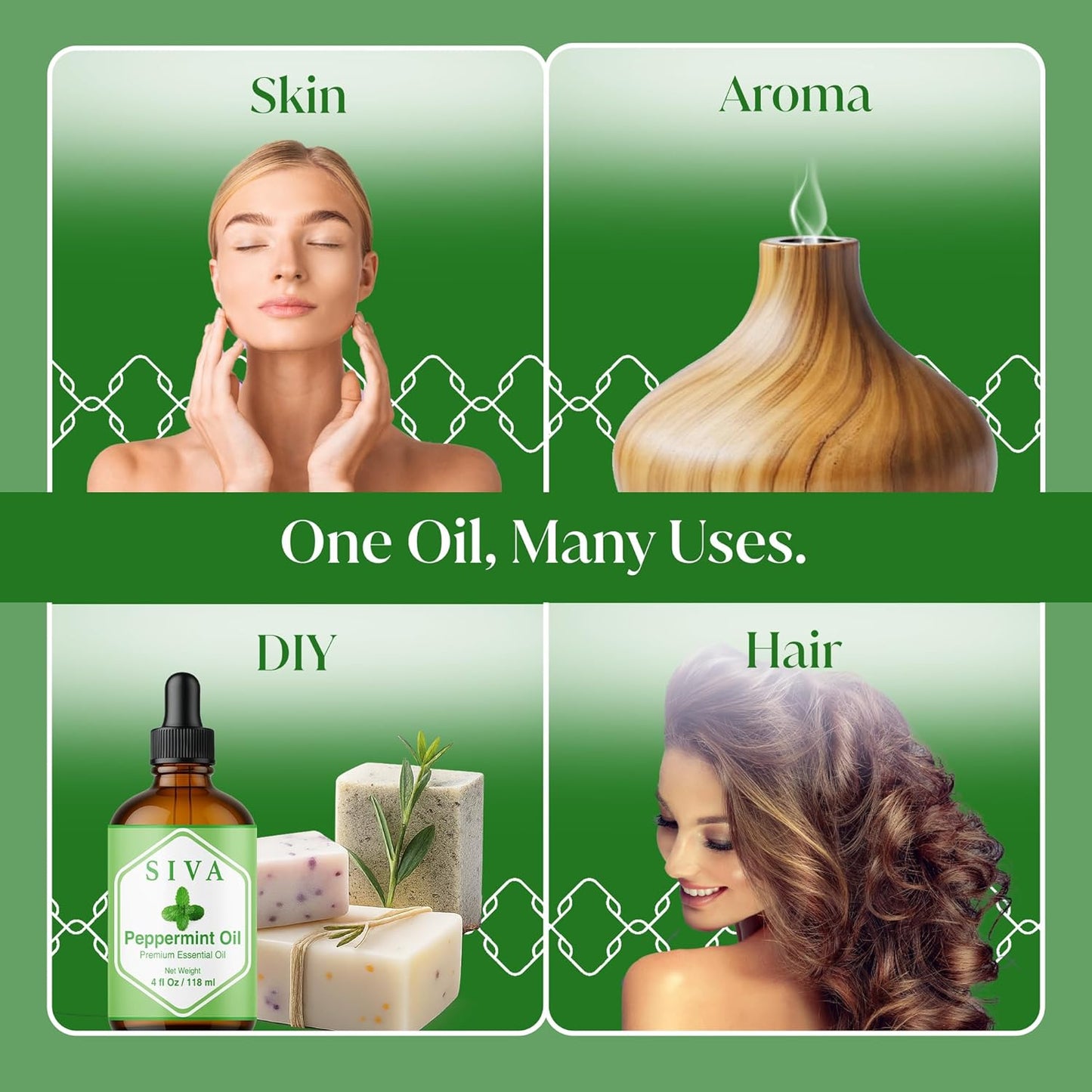 Siva Peppermint Essential Oil - 4 Fl Oz – 100% Natural Peppermint Oil - for Diffuser, Face, Skin Care, Aromatherapy, Hair Care, Scalp and Body Massage - with Dropper