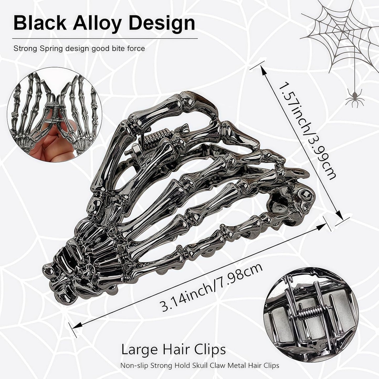 Black Skeleton Hand Hair Claw Clips-Metal Black Alloy Nonslip Terror Ghost Hand Strong Hold Hair Jaw Clips Punk Gothic Catch Thick or Thin Hairs Hair Accessories-Hand