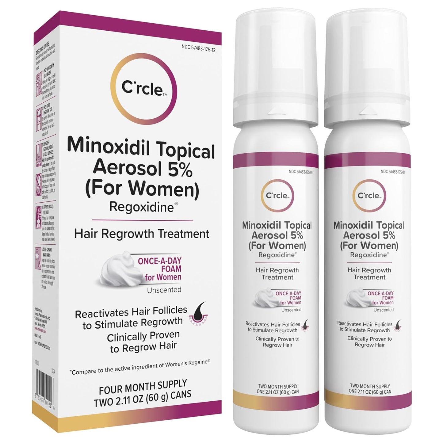 C'rcle Minoxidil for Women 5% Foam - Helps Restore Top of Scalp Hair Loss and Support Hair Growth for Women, Regrowth with Unscented Topical Treatment for Thinning Hair (5% Foam 4-Month Supply)