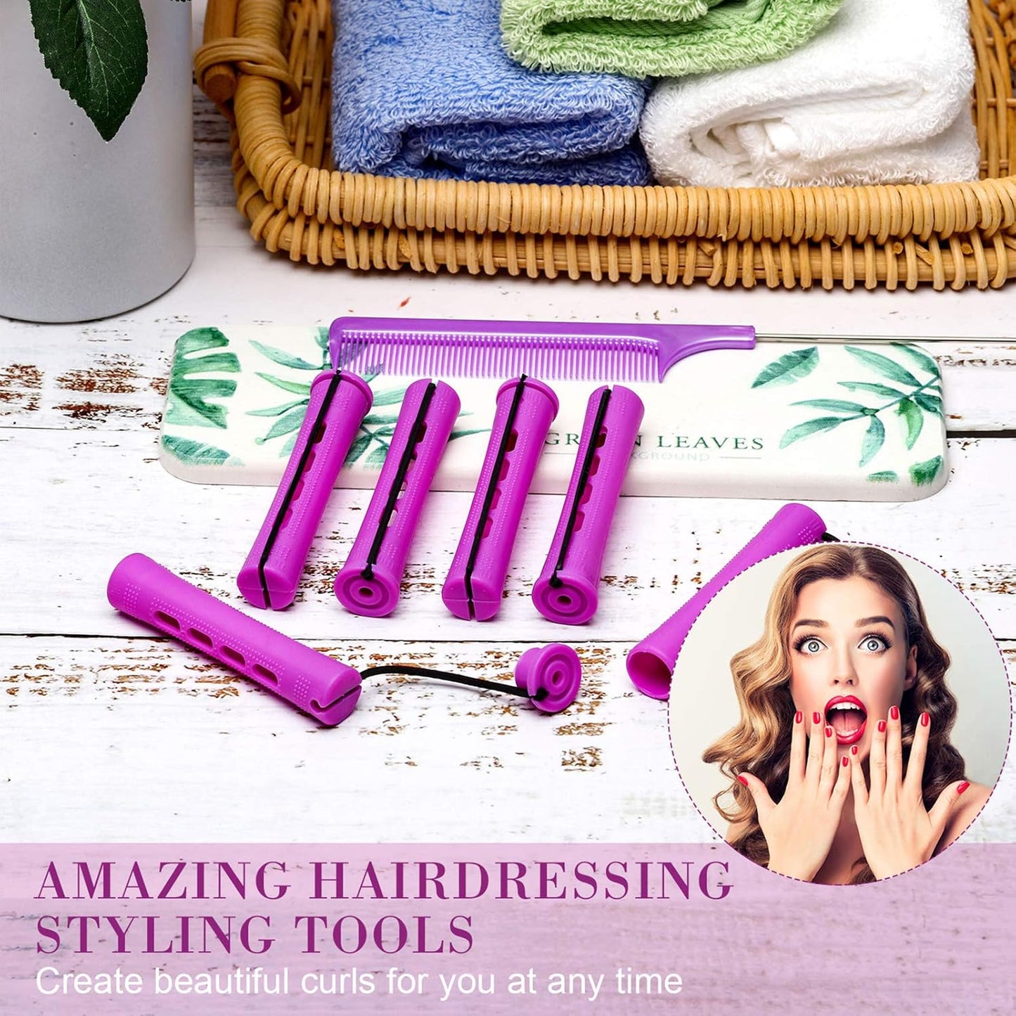 24 Plastic Hair Perming Rods and Curlers with Steel Pintail Comb for Hairdressing Styling (0.75 Inches, Purple)