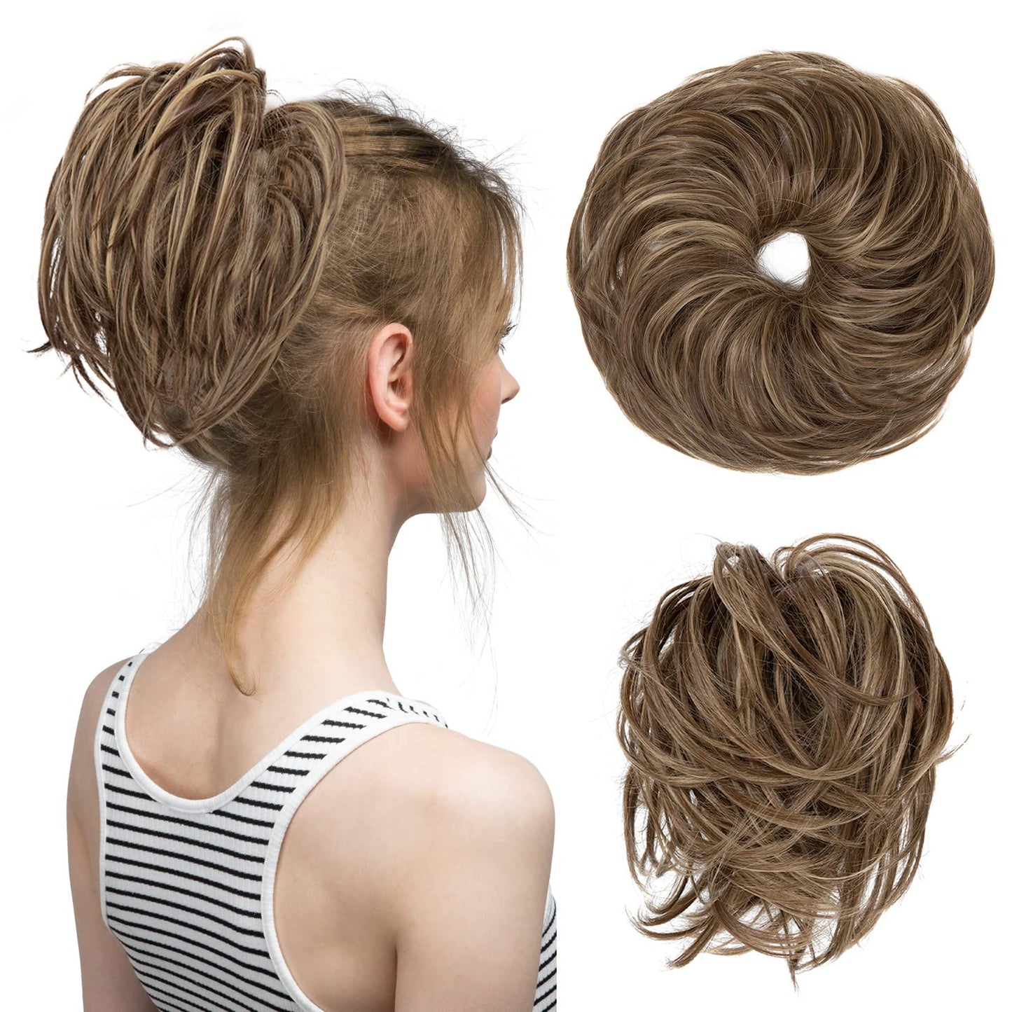 CJL HAIR Large Messy Bun Hair Piece Wavy Curly Scrunchies Synthetic Chignon Ponytail Hair Extensions Thick Updo Hairpieces for Women Brunette/Ash Blonde