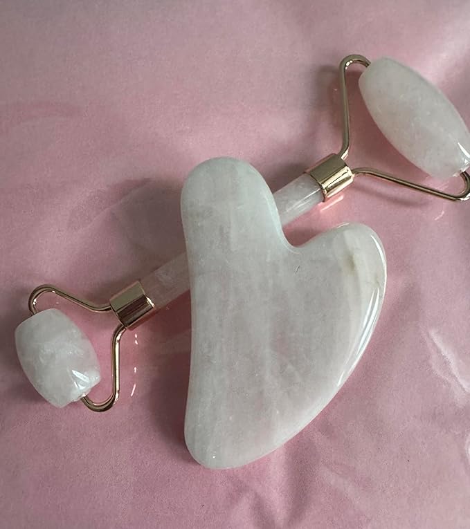 Natural Rose Pink Quartz Facial Massage Roller with Gua Sha