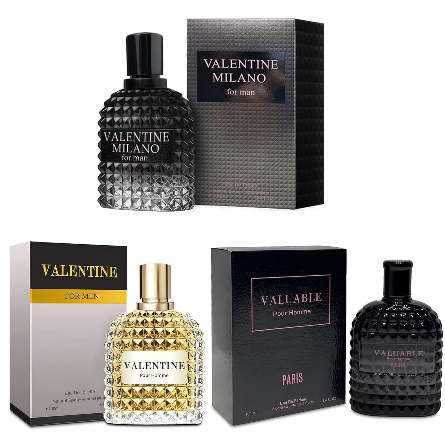3Pack Men Colognes Combo Set Milano,Valentin,Valuable Paris 3.4 Fl Oz Each Eau De Parfume Spray with Woody Floral & Fruity Scent Perfume Gift Set Day to Night Use Fragrances