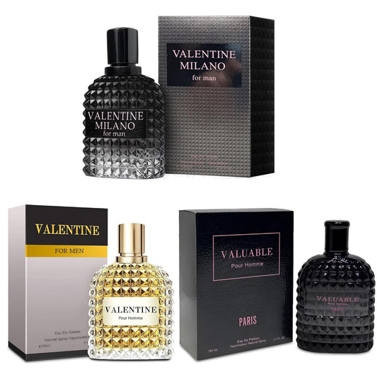 3Pack Men Colognes Combo Set Milano,Valentin,Valuable Paris 3.4 Fl Oz Each Eau De Parfume Spray with Woody Floral & Fruity Scent Perfume Gift Set Day to Night Use Fragrances
