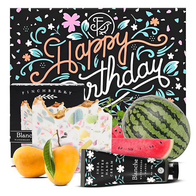 FinchBerry Happy Birthday 2 Piece Gift Set - Unique Birthday Gifts for Women: Mom, Sister, Wife, Girlfriend, Daughter, Friends & Family- Includes Blanche Bar Soap (4.5 oz) & Travel Hand Cream (1 oz)
