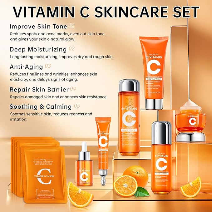 Vitamin C Skincare Set for Teenage Girls, 11-Piece Glow Kit with Facial Cleanser, Toner, Eye Cream, Serum, Lotion, Face Cream & Sheet Masks, Anti-Aging Skin Care Kit for Firming & Moisturizing