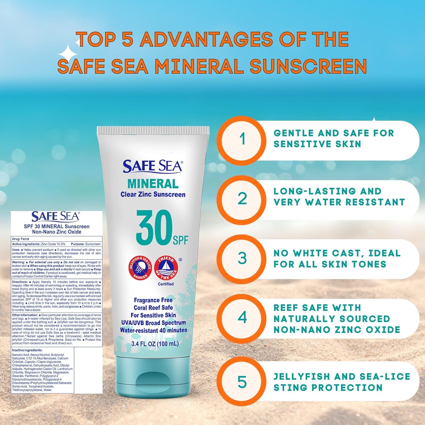 Safe Sea Zinc Oxide Sunscreen SPF30 | Clear Mineral Face And Body Sunscreen Without White Cast | Anti-Jellyfish Sting Protective Lotion | 3.4Oz (100ml) (2 Pack)