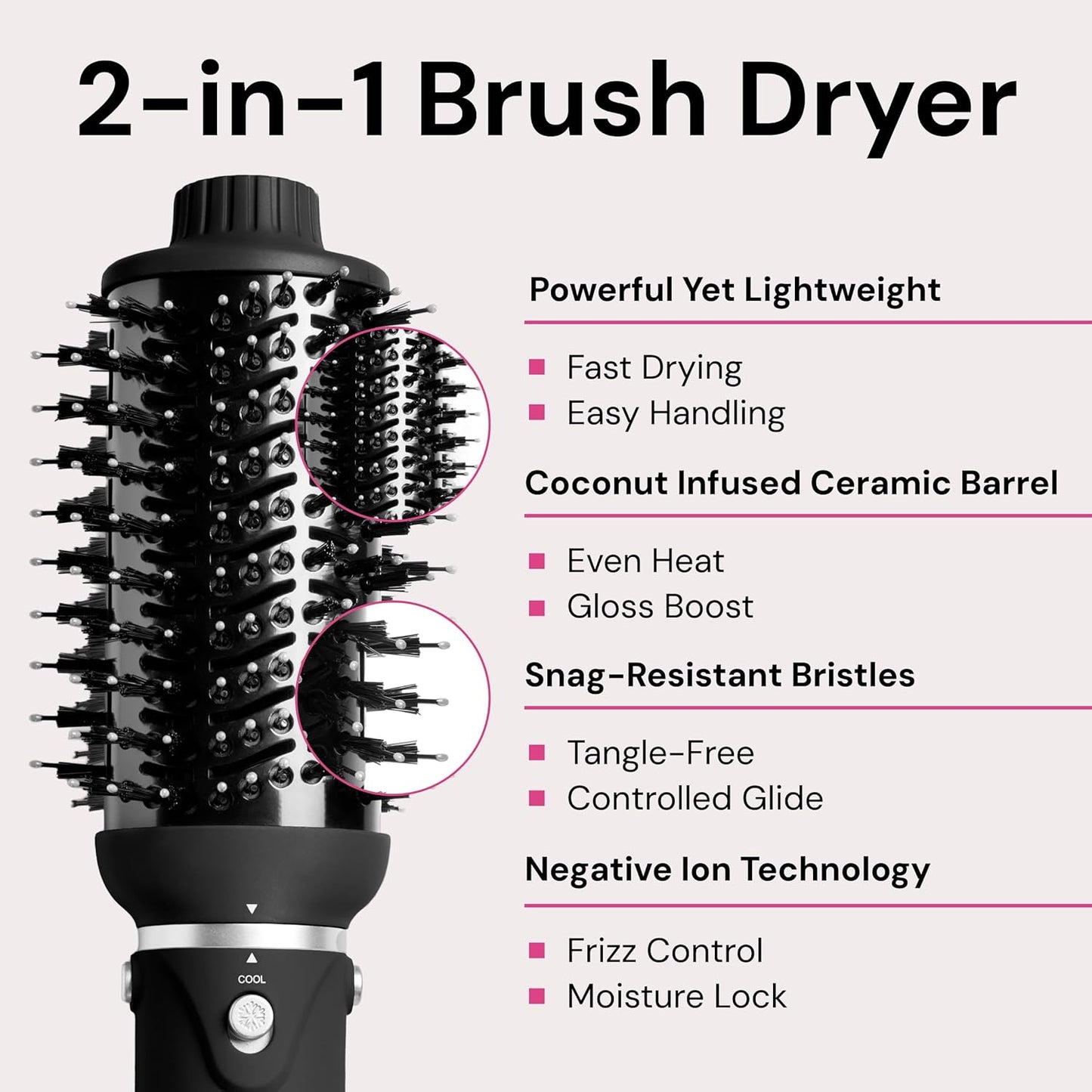 L'ANGE HAIR VolumeBoost 60mm 2-in-1 Ceramic Volumizing Brush Dryer | Fast Drying & Styling for Frizz-Free, Voluminous Blowouts | Ceramic-Coated Barrel (Black)