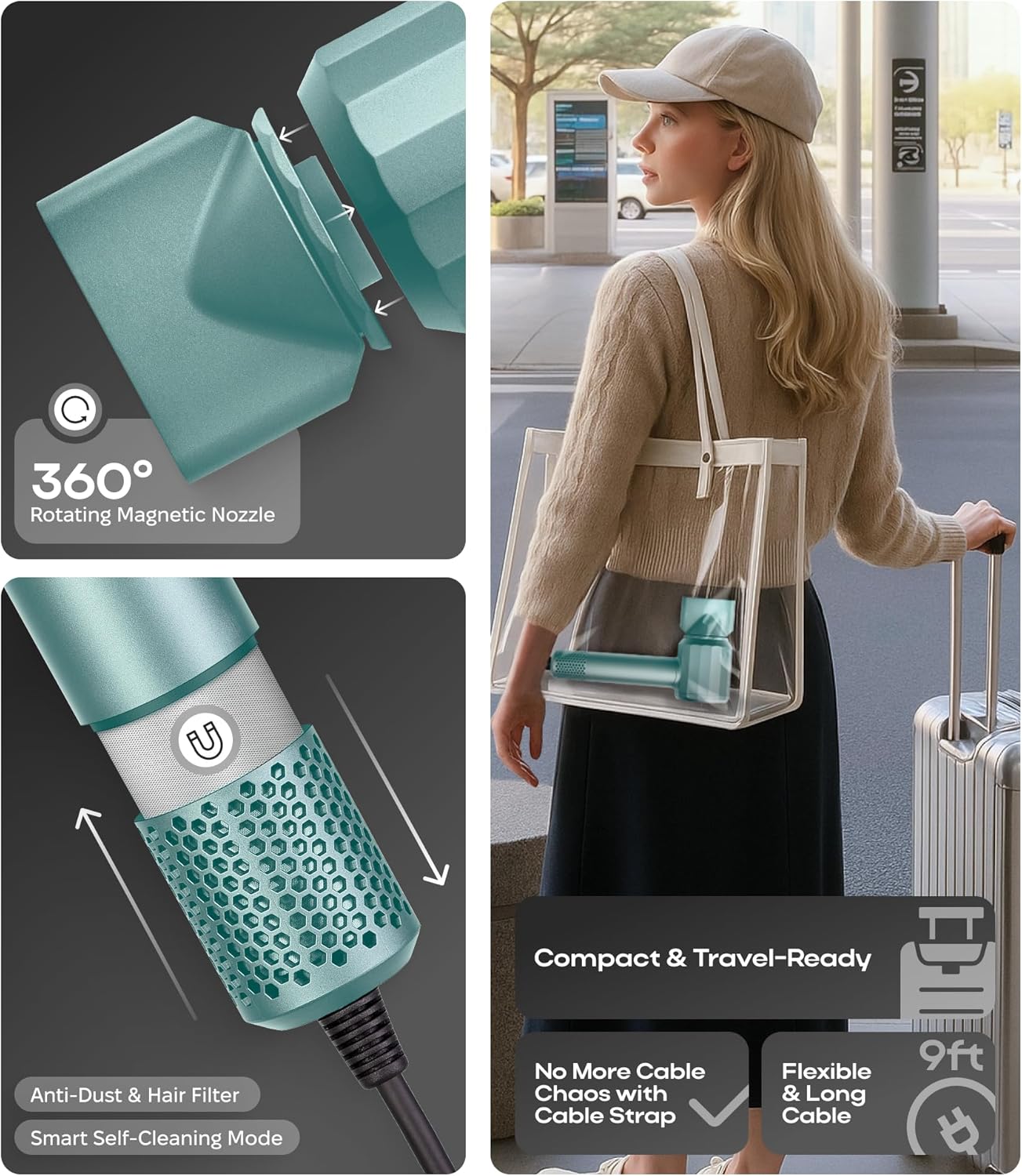 Ionic Hair Dryer Premium Quality, High-Speed Professional Brushless Motor 110,000 RPM, 1600W Power, 9 ft Long Cord and Magnetic Nozzle, Lightweight Blow Dryer, Ultra Quiet Fast Drying (Green)