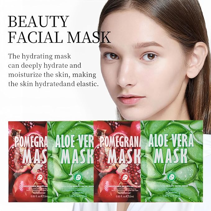 Facial mask Moisturizing face Mask Deep Hydration, Improves Dry Skin, Sheet Mask, 10pcs Sheet Mask Hydrating & Soothing Skin Care Pomegranate and Aloe Vera Beauty Facial Mask (10PCS, A+P)
