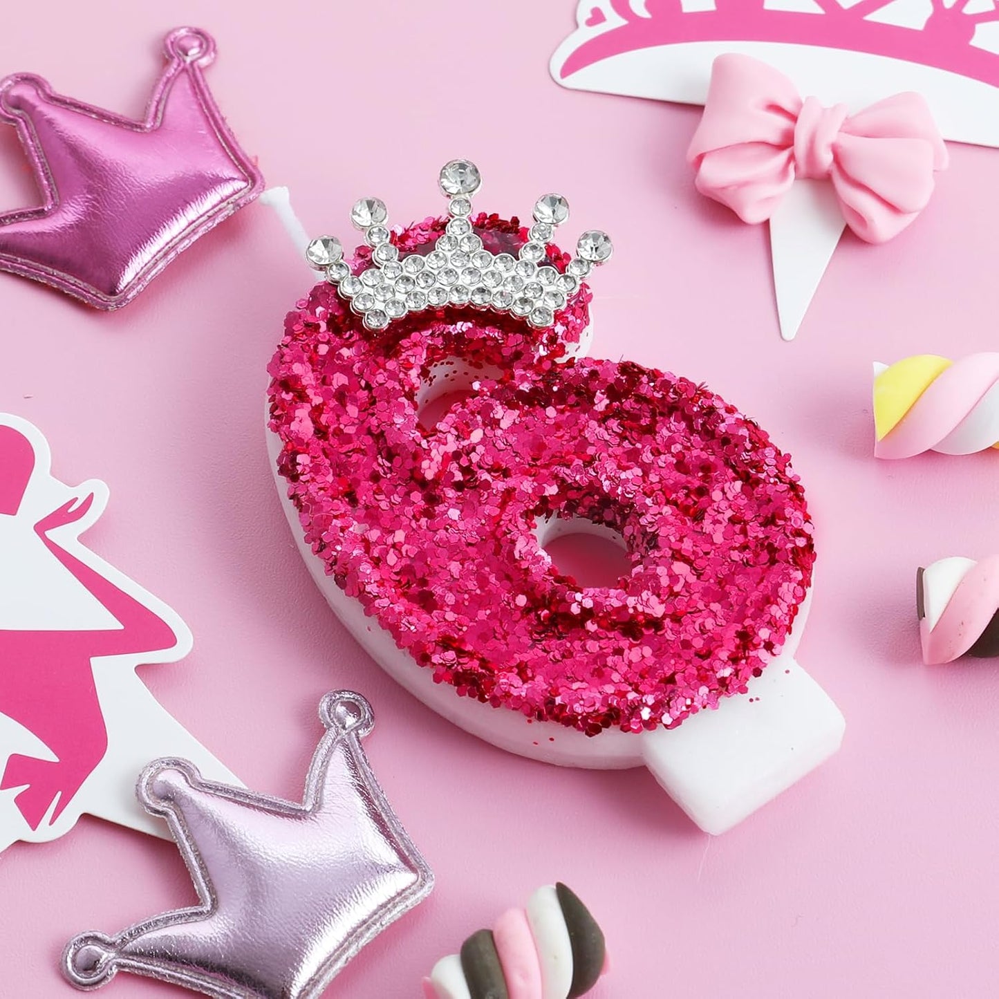 Hot Pink Birthday Candles Crown Number 6 Candle 6th Birthday Party Decorations Cake Topper Cupcake Decor for Anniversary Celebrations Supplies