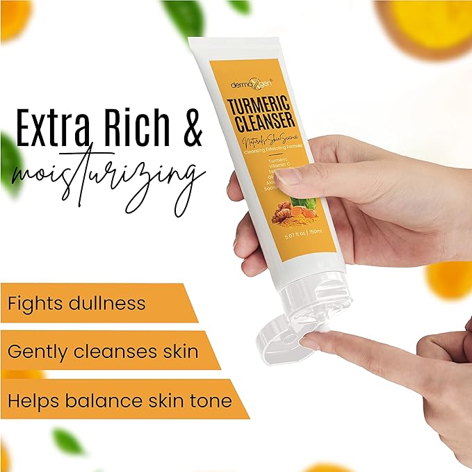 Turmeric Oil with Facial Cleanser Bundle – Organic Moisturizer for Acne, Dark Spots, Anti-Aging, & Hydration + Exfoliating Cleanser for Acne Scars & Skin Discoloration (2 FL OZ + 5 OZ)
