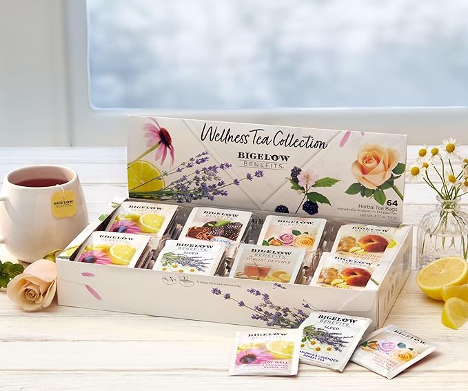 Bigelow Benefits Wellness Herbal Tea Collection, Caffeine Free, Variety Gift Box Sampler, 64 Tea Bags, (Pack of 1) (Flavors may vary)