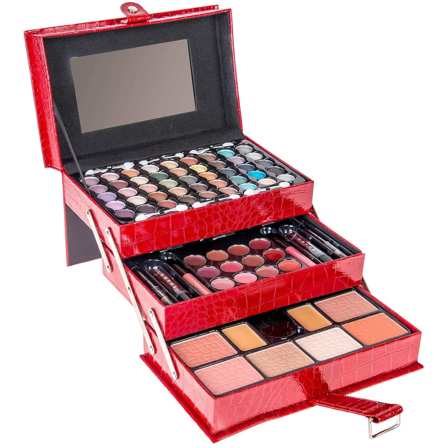 SHANY All In One Makeup Set, Eyeshadow, Blushes, Face Powder, Lipstick, Eye liners, Make up Pencils and Cosmetics Mirror - Makeup Kit With Reusable Storage Beauty Box - Red