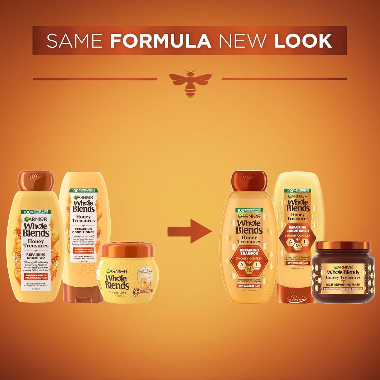 Garnier Whole Blends Honey Treasures Repairing Shampoo, Conditioner + Hair Mask Set for Dry, Damaged Hair (3 Items), 1 Kit (Packaging May Vary)