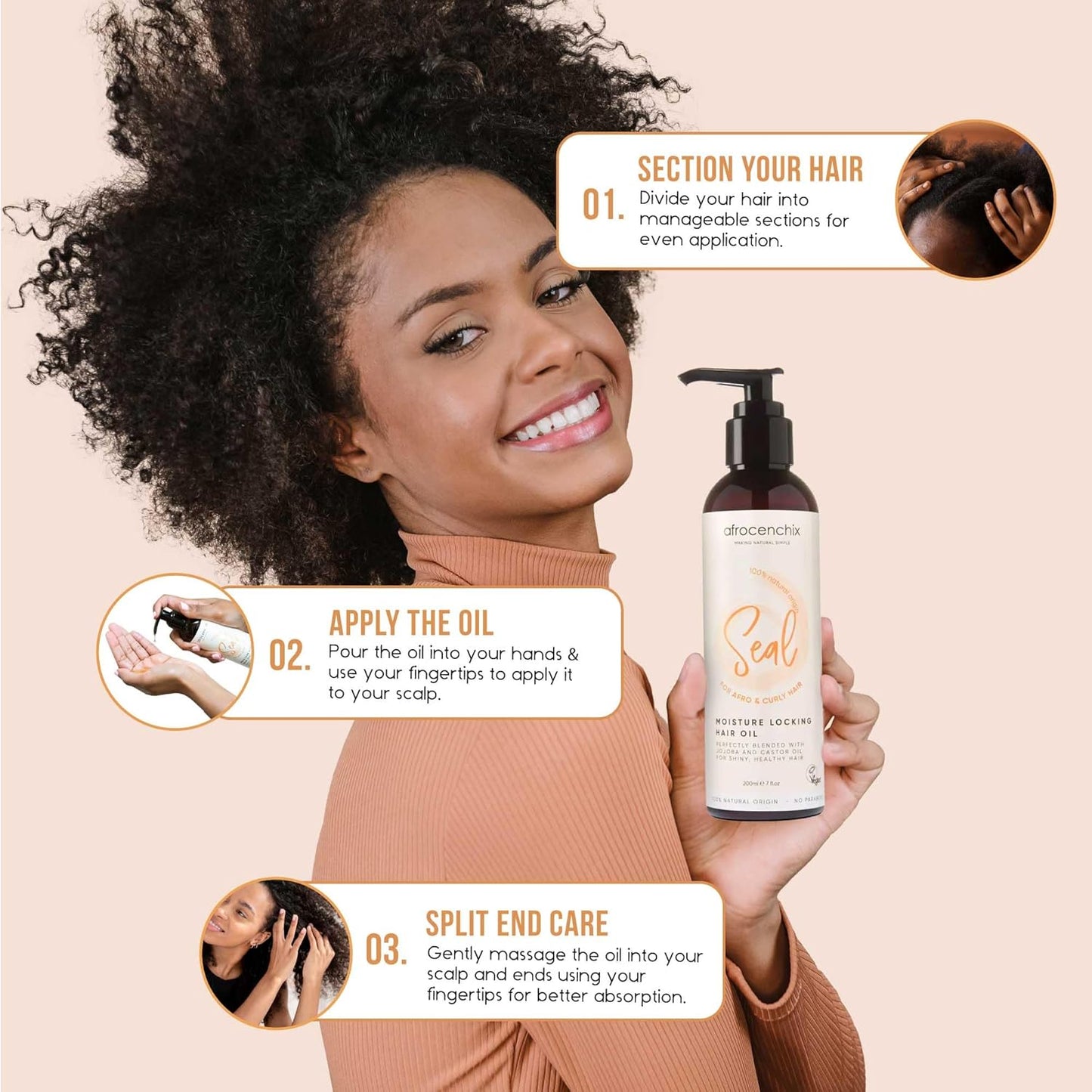 Afrocenchix Seal - Jojoba Oil for Afro and Curly Hair - Moisture Locking Pure and Natural Joba and Castor Oils for Shine, Growth, and Thicker Healthier Hair - Organic Vegan Formula - 200ml (7oz)