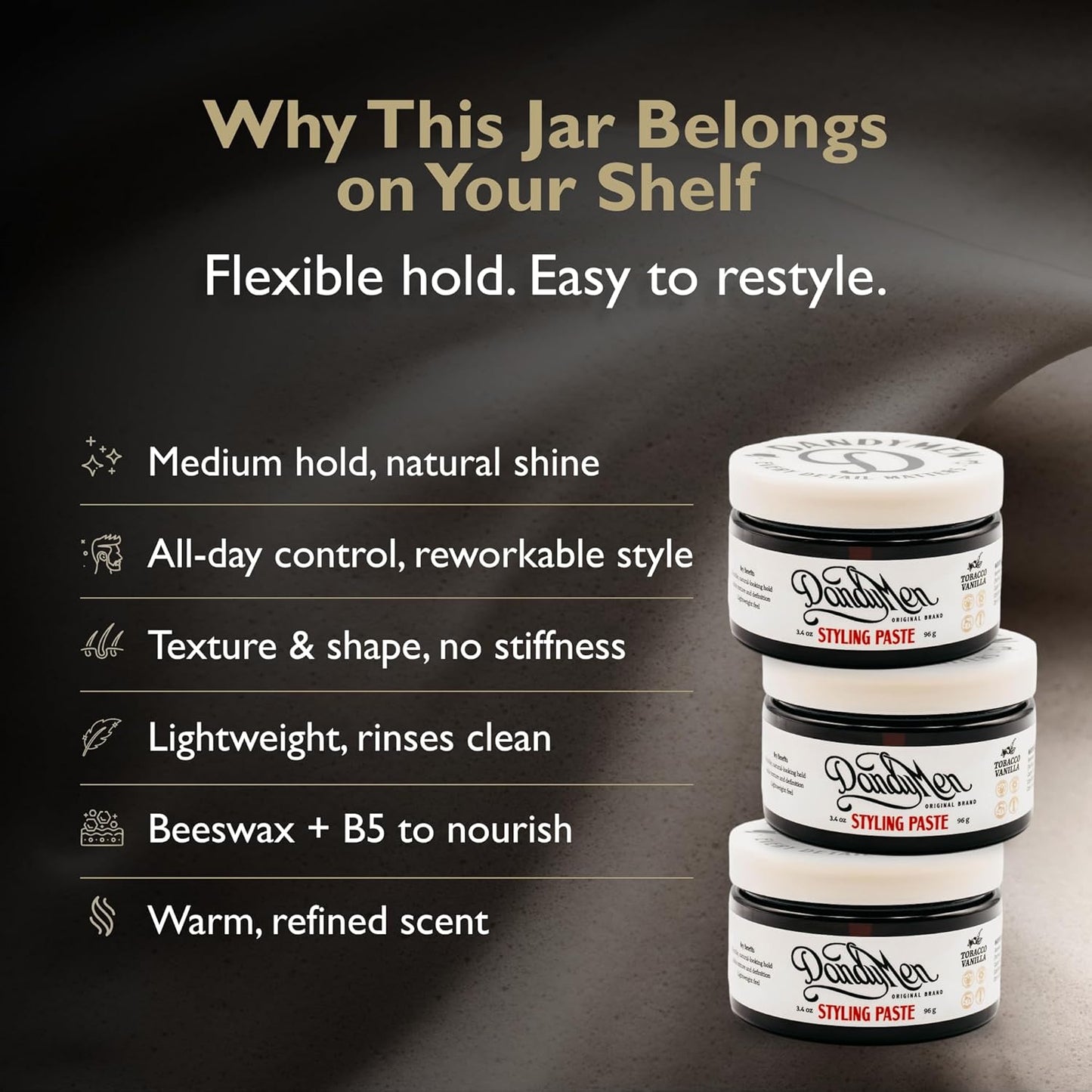 Styling Paste – Medium Hold with Flexible Control and Natural Shine – Enriched with Beeswax & Pro-Vitamin B5 – 3.4 oz (1-pack, Tobacco Vanilla)