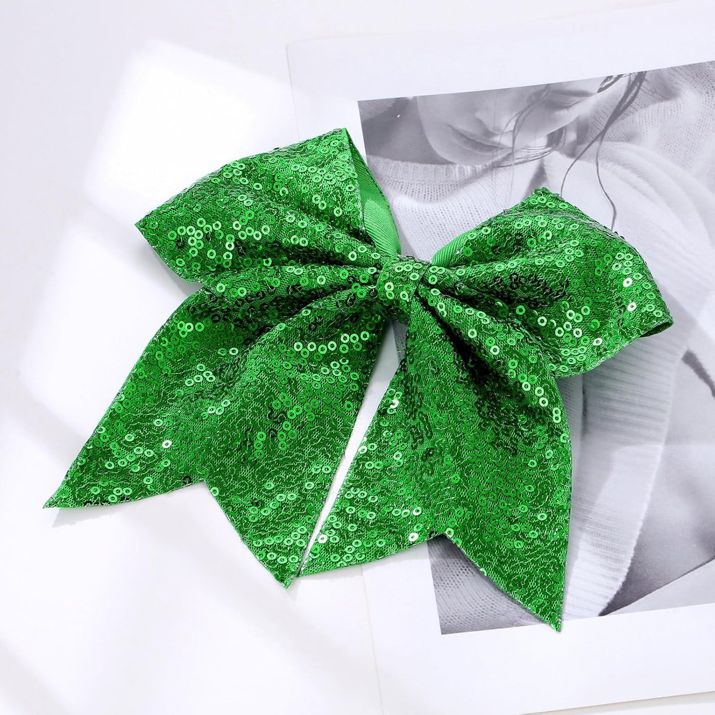 Large Glitter Cheer Bows Clips, Jumbo Big 7 Inch Cheerleading Sequin Hair Bow Hair Accessories for Teens Girls Football Sports Cheerleader Outfit Uniform (Green)