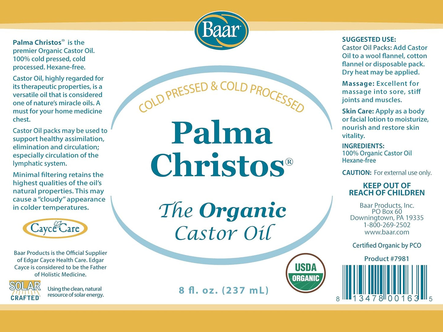 Baar Palma Christos, Organic Castor Oil, 8 oz