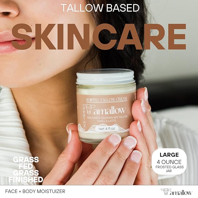 100% Grass Fed Beef Tallow for Skin Care - Face + Body - Whipped Moisturizer - Natural Lotion, 4 FL. oz. (Vanilla Latte)