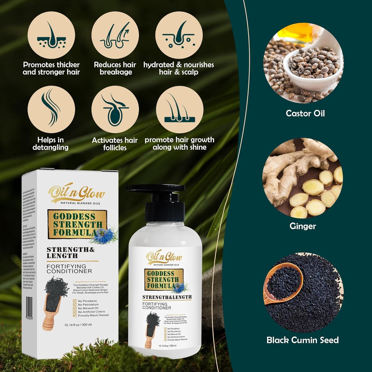 USDA Certified Natural Hair Growth Conditioner: Black Cumin Seeds, Ginger, Castor Oil Strengthening & Moisturizing Conditioner for Thinning, Damaged, Dry Hair - Fragrance Free 10 Fl Oz