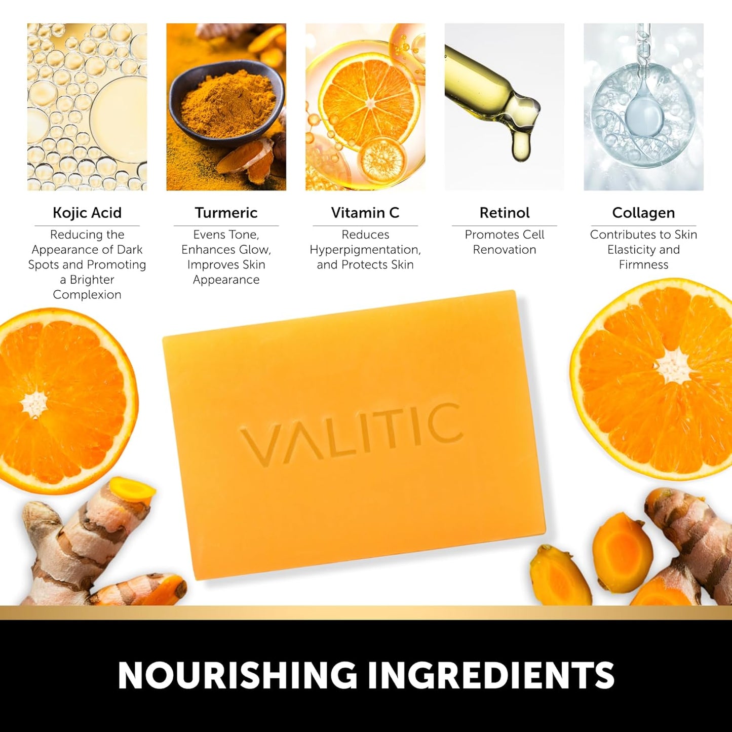 VALITIC 4 Pack Kojic Acid Vitamin C & Retinol Soap Bars for Dark Spot Bundle with 2 Black Exfoliating Gloves for Body Scrubs