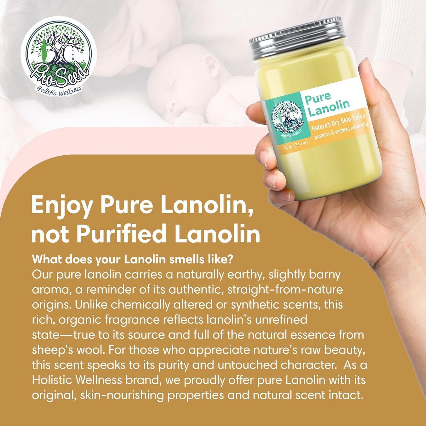ProSeed Handmade Pure Lanolin Cream – Unrefined Balm for Dry Skin, Lips, Nursing & Baby Care – Gentle Moisturizer for Hands, Face & Pets – Petroleum-Free, 12oz Glass Jar
