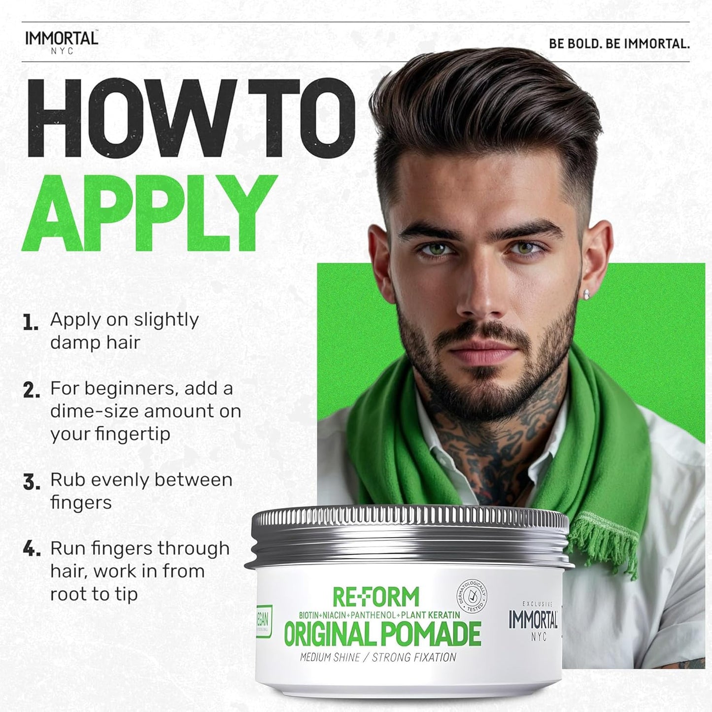 Immortal NYC Re-Form Original Pomade – Medium Shine & Strong Hold - Men's Water-Based Hair Balm - Vegan Styling Cream with Biotin, Keratin & Panthenol for All Hair Types