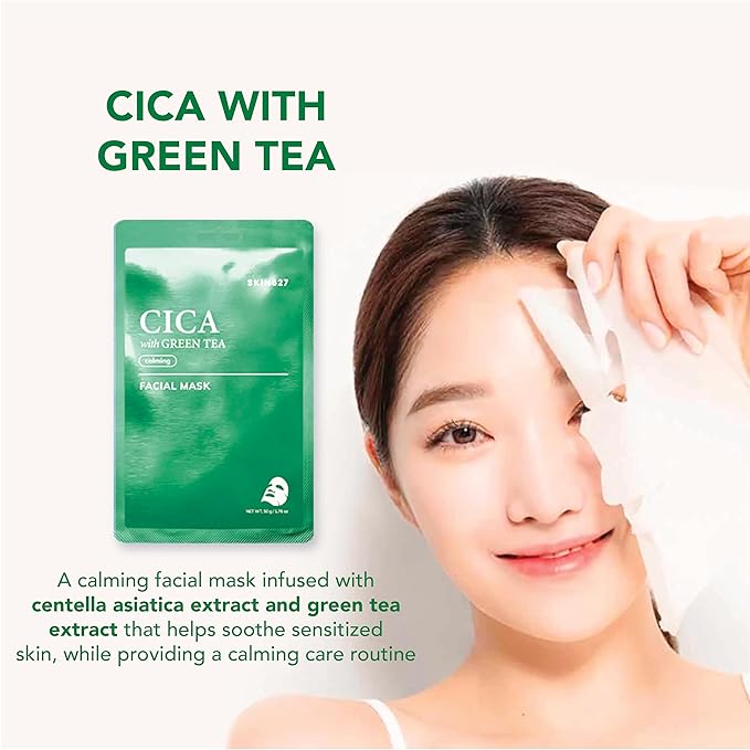 SKIN627 Bulk 24PK Face Masks Skincare, Facial Mask, Sheet Masks Korean (24PK Cica with Green Tea)