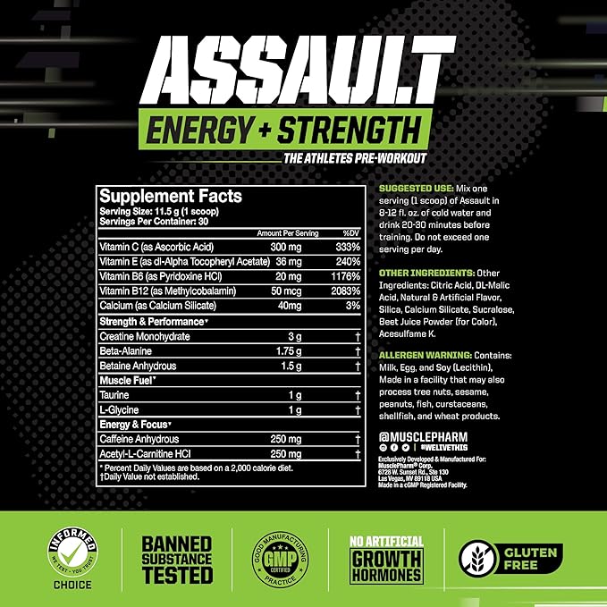 Muscle Pharm Assault Energy & Strength Pre Workout Powder for Men & Women with Beta Alanine, Caffeine, Creatine & Betaine Anhydrous, Pre-Workout Supplements, 30 Servings, Fruit Punch Flavor