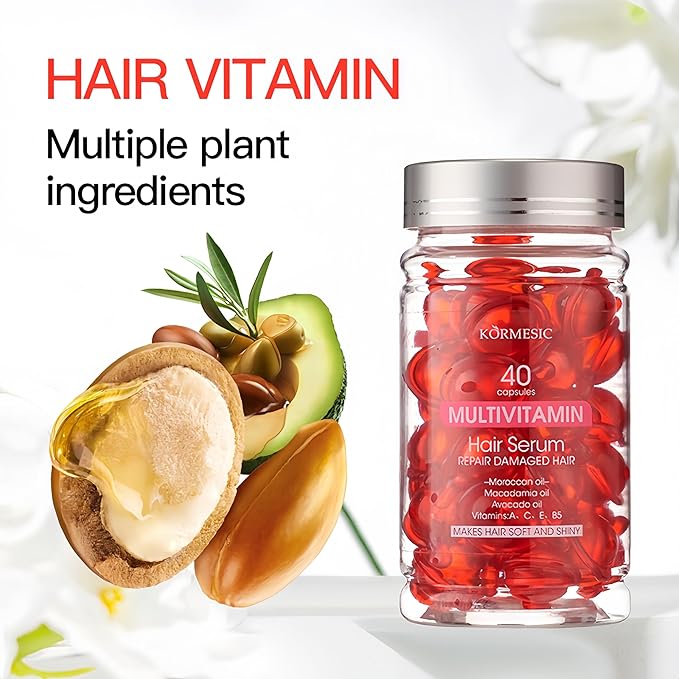 Hair Treatment Serum Capsules No-Rinse Capsules with Moroccan Argan & Macadamia Oils, Avocado and Vitamins A, C, E, B5 - Moisturize, Nourish, Smooth and Repair Hair (1pcs)