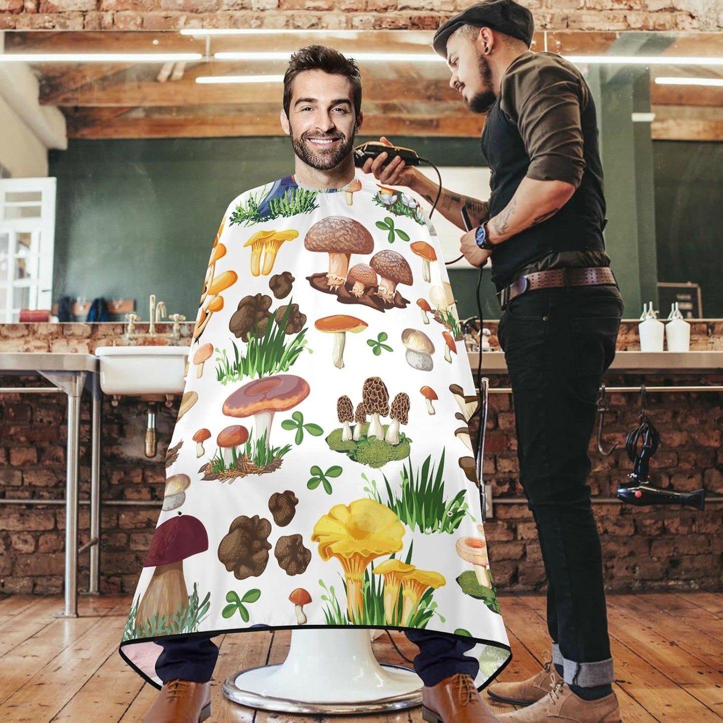 visesunny Barber Cape Mushroom Seamless Pattern Polyester Hair Cutting Salon Cape Apron Anti-Static Haircut Water-Resistant Shaving Cloth Beard Shaving Bib Hairdressing Cape
