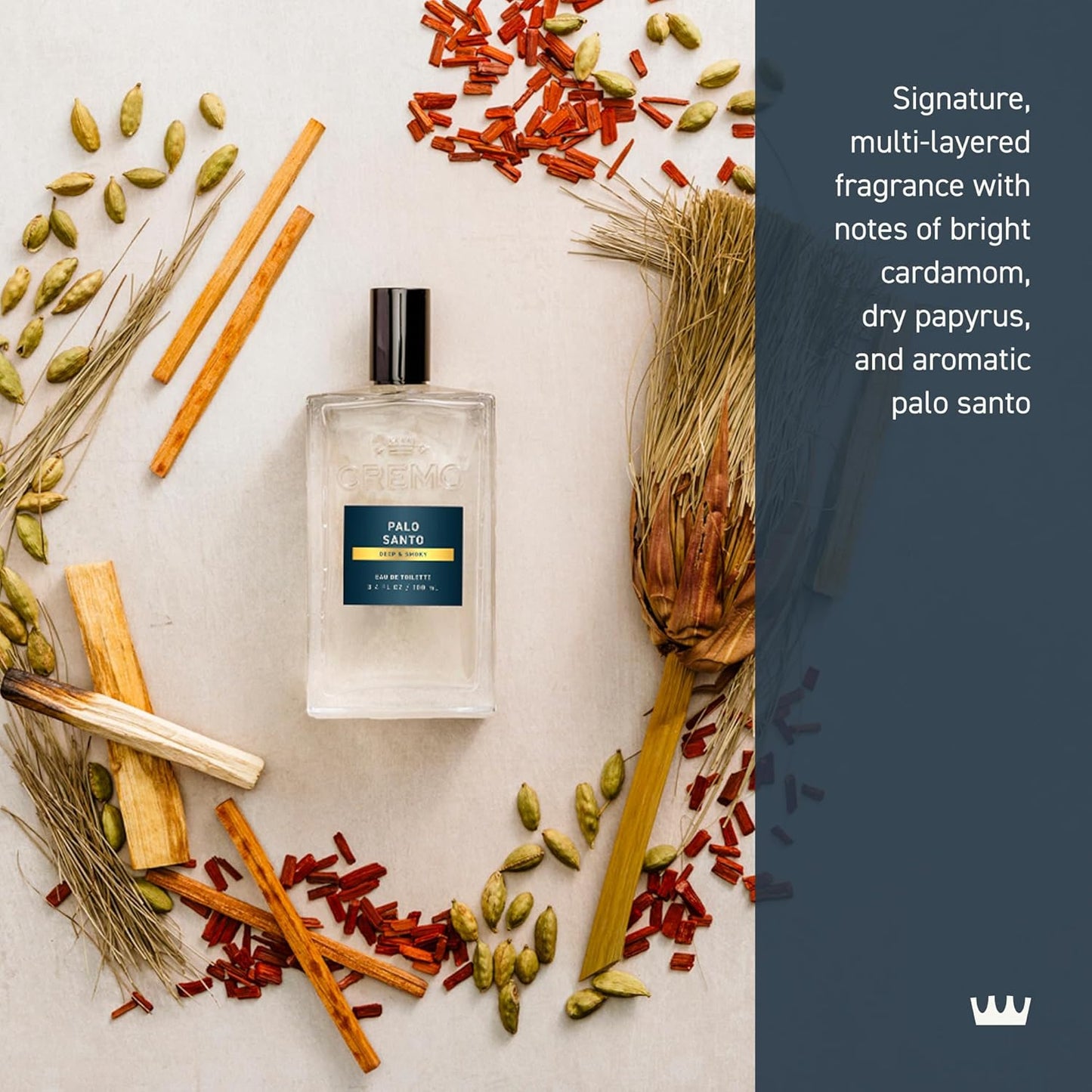 Cremo Cologne For Men - Palo Santo Mens Cologne Spray, A Combination of Bright Cardamom, Dry Papyrus and Aromiatic Palo Santo, Multi-Layered Signature Men's Fragrances, 3.4 Fl Oz