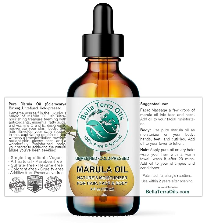Bella Terra Oils - Marula Oil for Skin 4 oz - Dive into the Nutritional Excellence, Abundant in Vitamin C & Antioxidants, Perfect Companion for Your Face