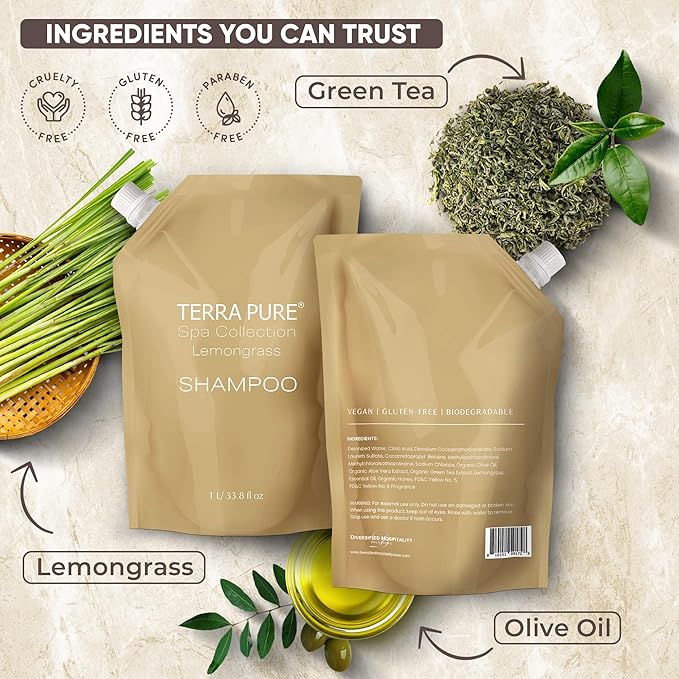 Terra Pure Spa Collection 1 Liter Shampoo Refill Bag For Soap Dispensers | Bulk Toiletries for Vacation Rentals, and Home Bathroom Showers | Green Tea Lemongrass | Single