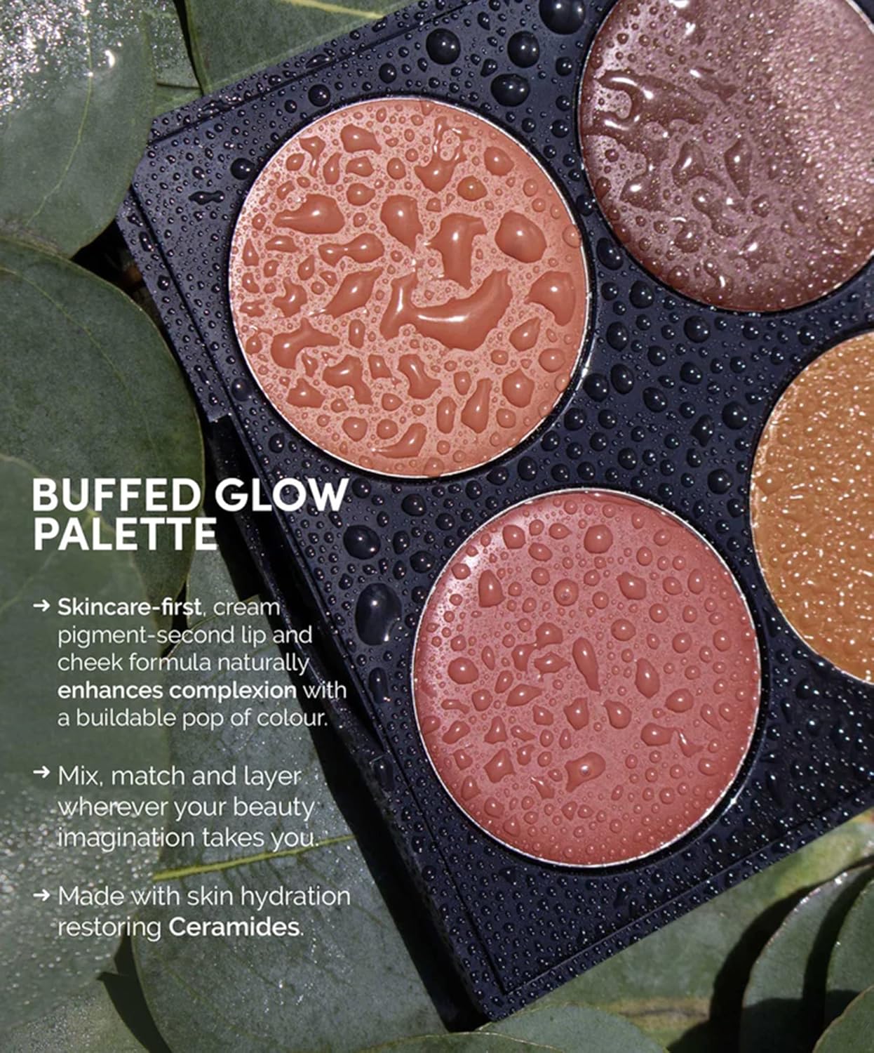 Fitglow Beauty Multi-Use Ceramide Cream Lip & Cheek Palette | Skincare-First Cream Pigment | Hydrating, Buildable Color | Natural Finish for Eyes, Cheeks & Lips | Refillable | Buffed Glow - 20g
