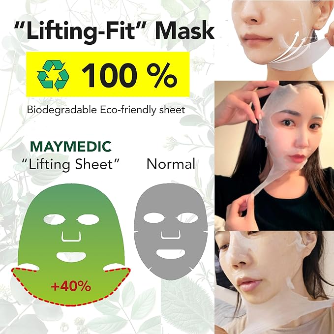 Face-Fit Lifting Mask, Green – Contour Enhancing & Hydrating Sheet Mask with Collagen, Hyaluronic Acid, Panthenol, and Allantoin for Firming & Soothing Sensitive Skin (5 Count)