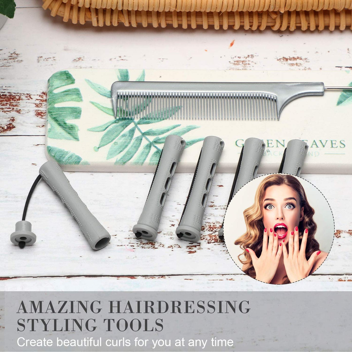 48 Pieces Hair Perm Rods Short Cold Wave Rods Plastic Perming Irons Hair Curling Rollers Curlers with Steel Pintail Comb Rat Tail Comb for Hairdressing Styling Supplies(0.59 Inch,Gray)